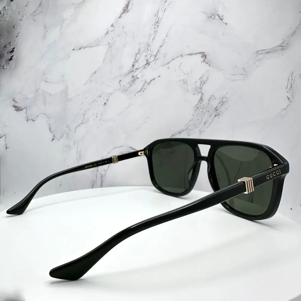 New GUCCI Sunglasses Black Aviator Pilot Gold Logo Metal Red Green Web Gucci